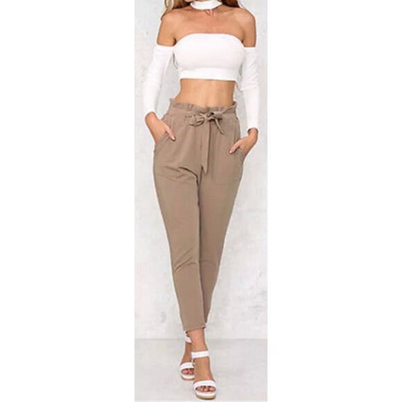 NWT Tan Belted Paperbag Pants Womens L Crop High Waisted Pleated Clean Girl - Picture 5 of 6